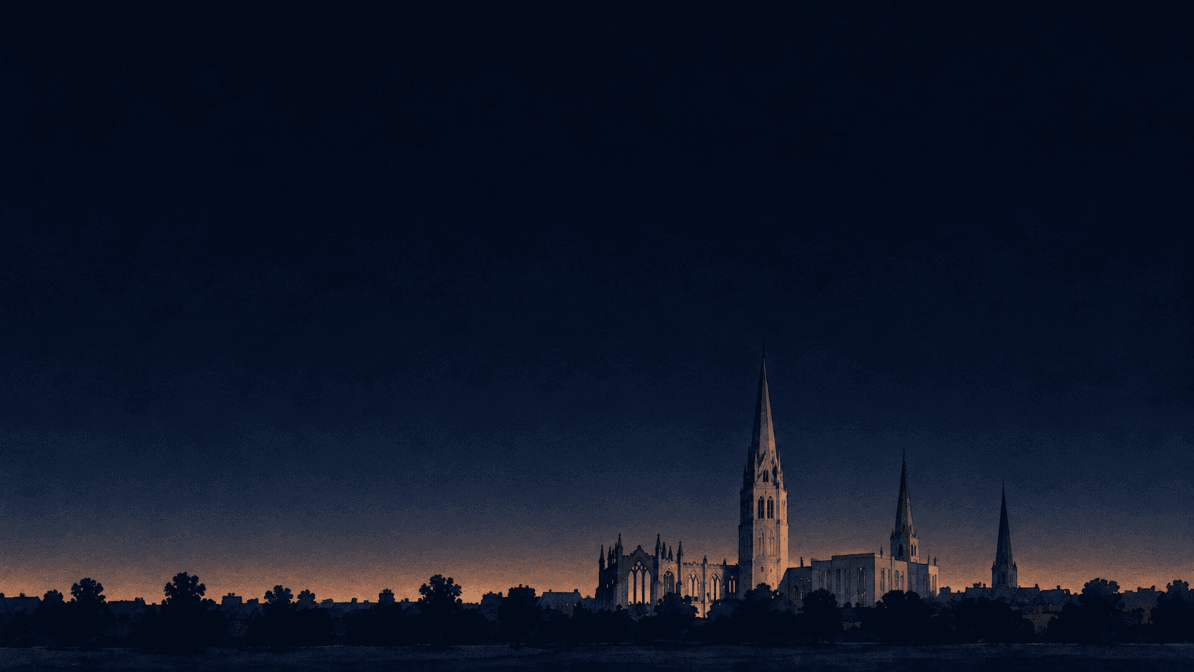 A painting of Coventry at dusk
